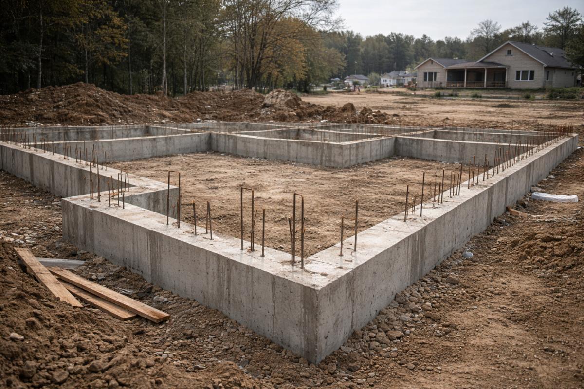 Residential concrete foundation under construction